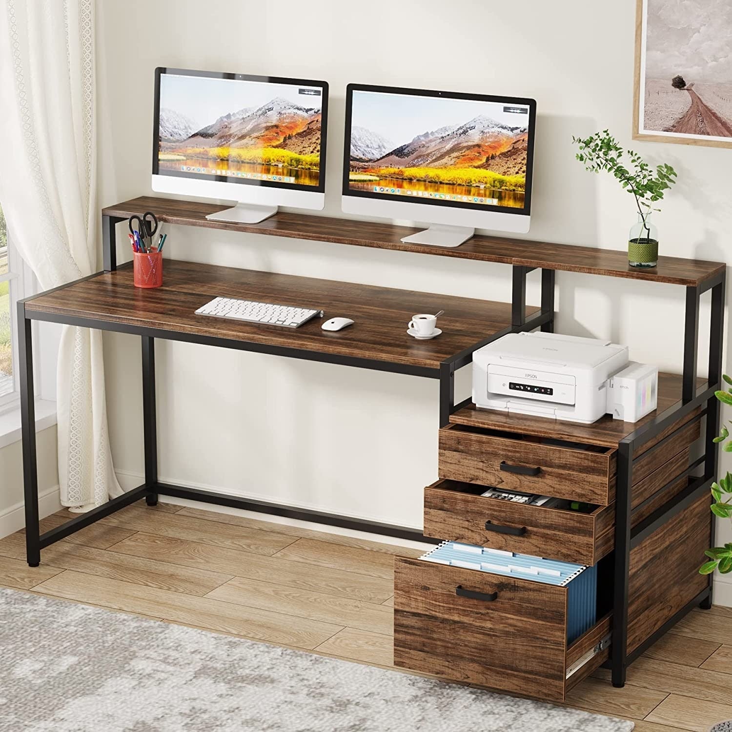 Bureau d'ordinateur de 63 pouces avec support de moniteur, bureau de travail ergonomique pour la maison avec tiroirs et armoire à dossiers.