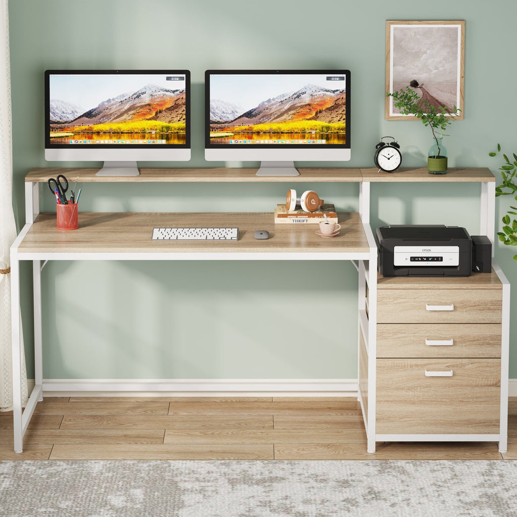 Bureau d'ordinateur de 63 pouces avec support de moniteur, bureau de travail ergonomique pour la maison avec tiroirs et armoire à dossiers.
