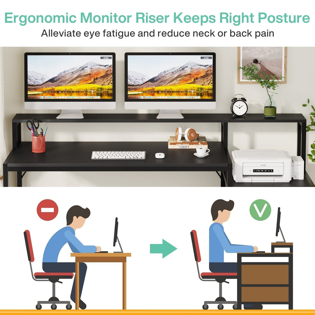 Bureau d'ordinateur de 63 pouces avec support de moniteur, bureau de travail ergonomique pour la maison avec tiroirs et armoire à dossiers.