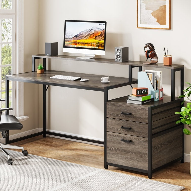 Bureau d'ordinateur de 63 pouces avec support de moniteur, bureau de travail ergonomique pour la maison avec tiroirs et armoire à dossiers.