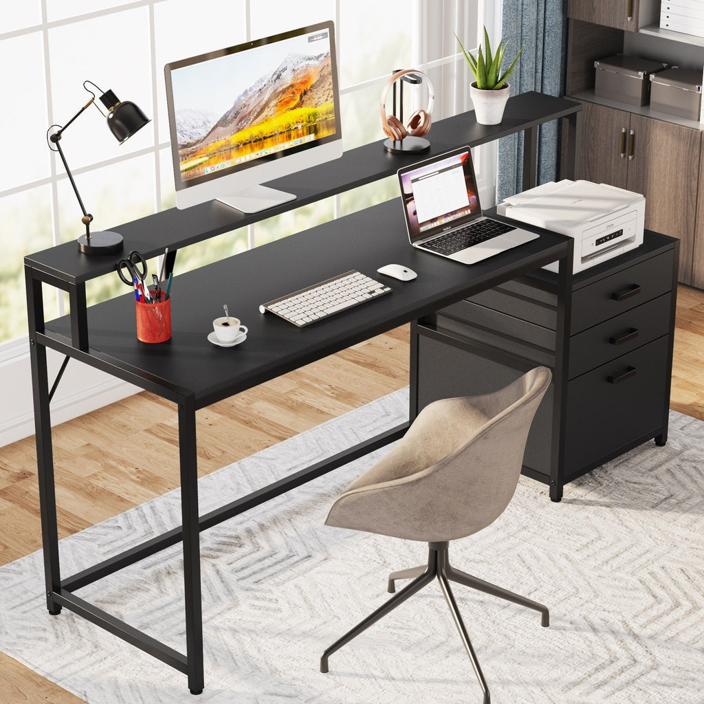Bureau d'ordinateur de 63 pouces avec support de moniteur, bureau de travail ergonomique pour la maison avec tiroirs et armoire à dossiers.