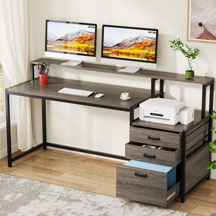 Bureau d'ordinateur de 63 pouces avec support de moniteur, bureau de travail ergonomique pour la maison avec tiroirs et armoire à dossiers.