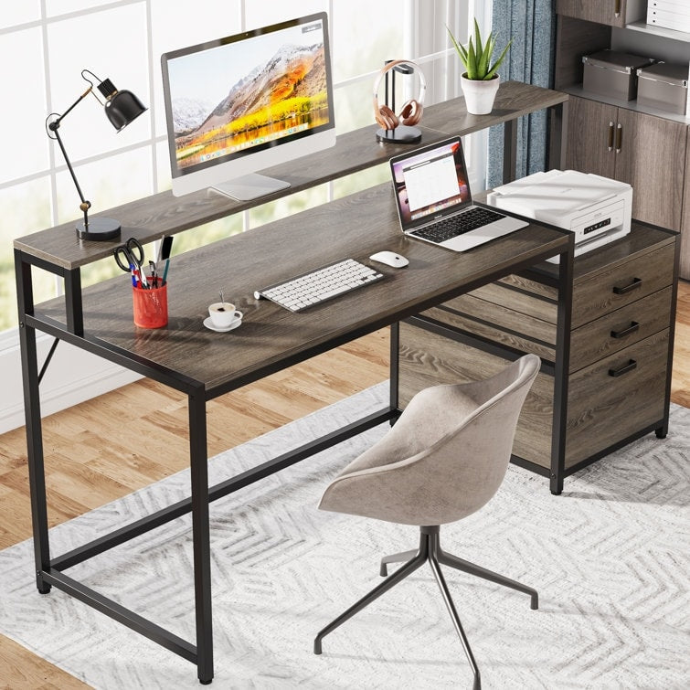Bureau d'ordinateur de 63 pouces avec support de moniteur, bureau de travail ergonomique pour la maison avec tiroirs et armoire à dossiers.