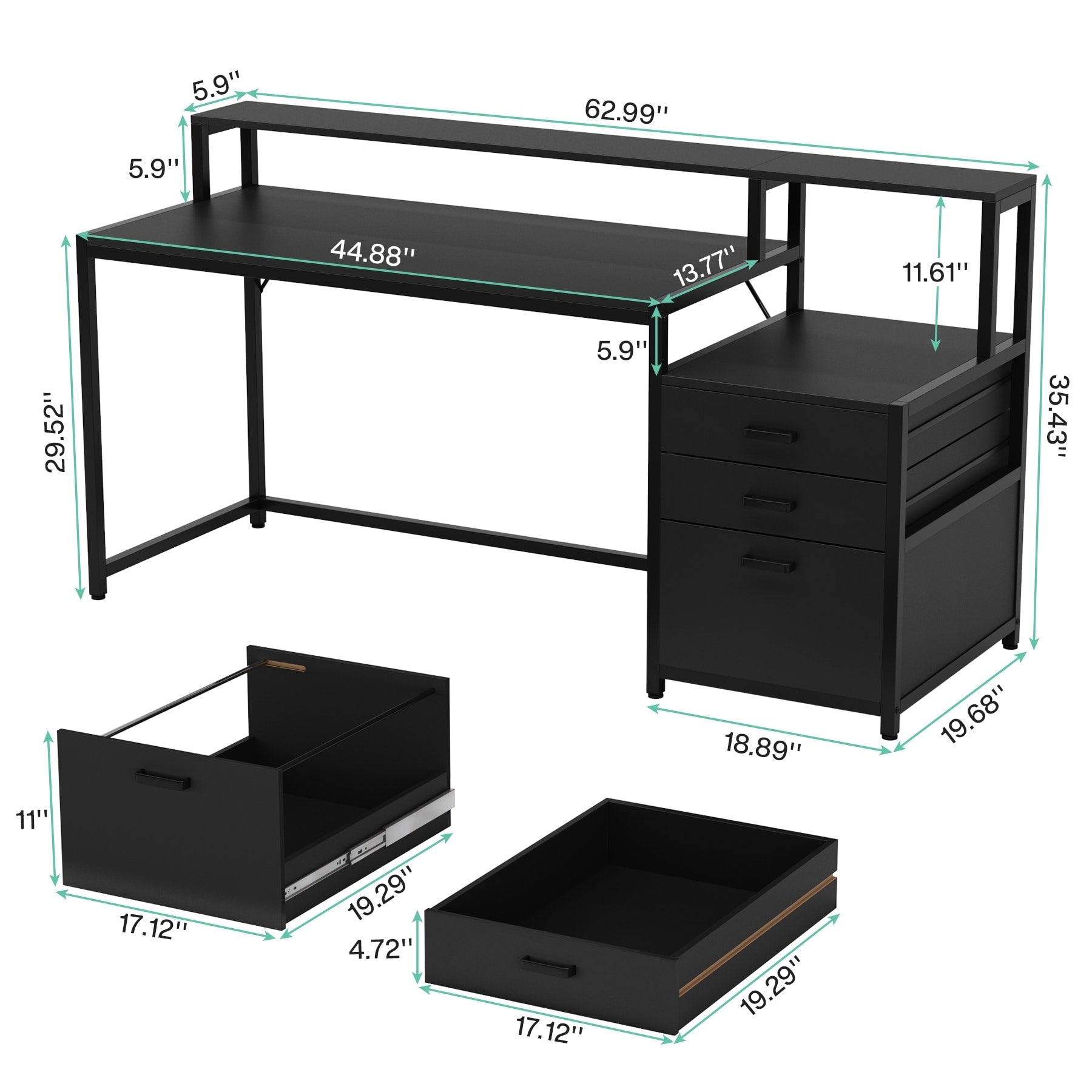 Bureau d'ordinateur de 63 pouces avec support de moniteur, bureau de travail ergonomique pour la maison avec tiroirs et armoire à dossiers.