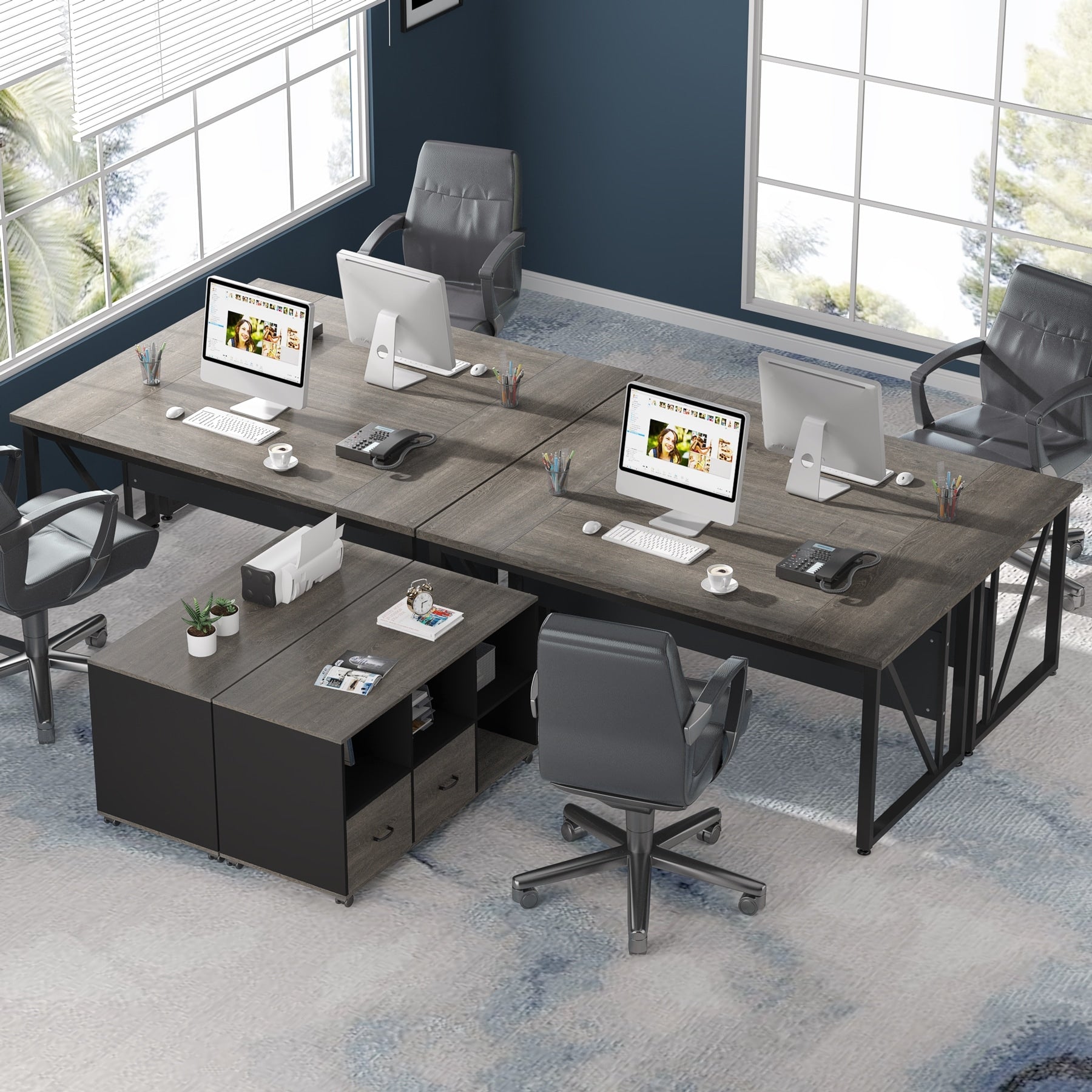 Bureau d'ordinateur en forme de L de 63 pouces avec armoire à dossiers latérale de 47 pouces, ensemble de bureau pour maison et bureau de direction.