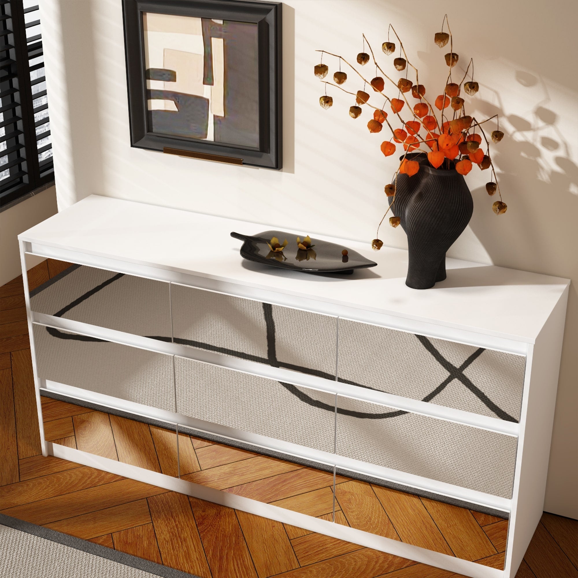 Commode 63W à 9 tiroirs, commode d'appoint pour salon et chambre à coucher.