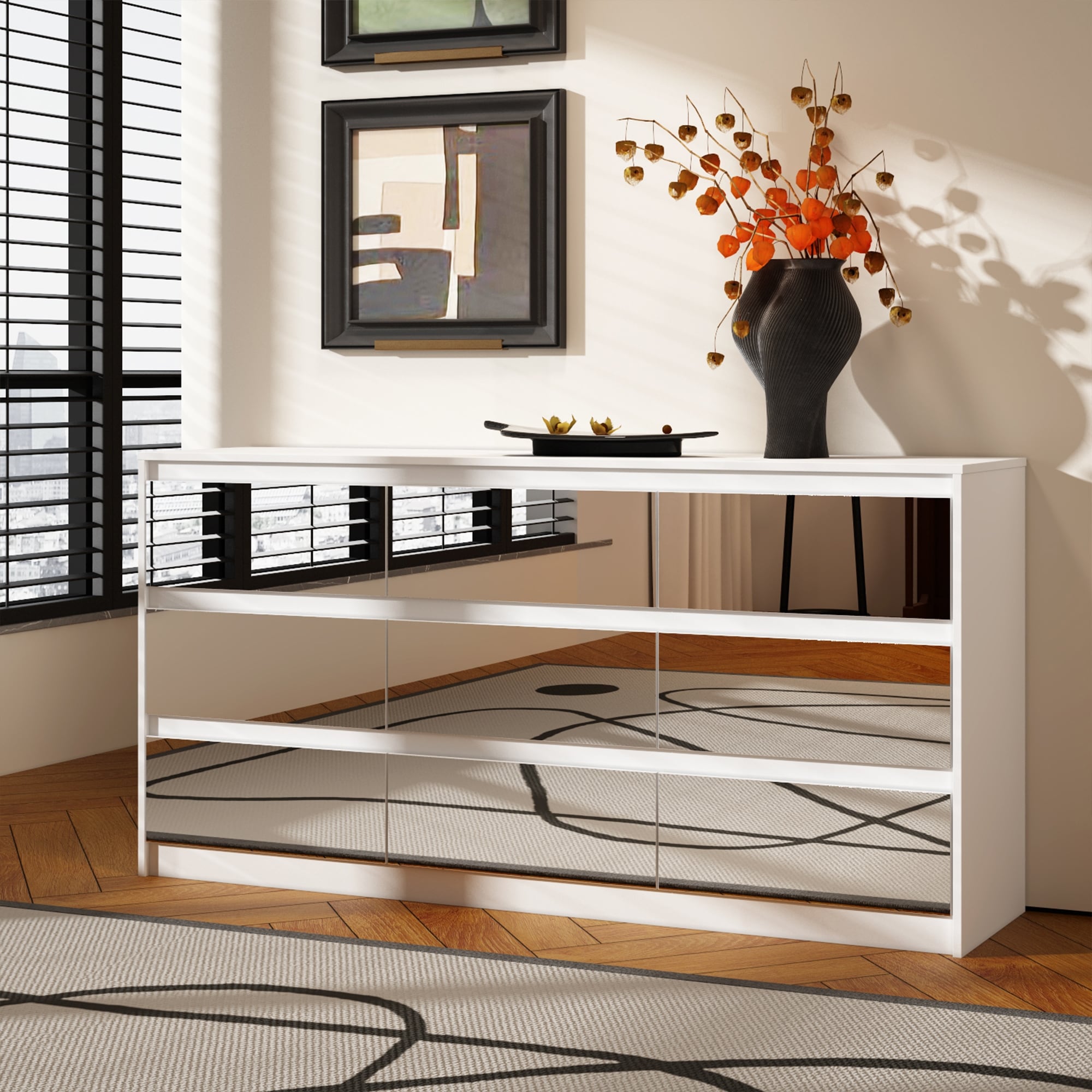 Commode 63W à 9 tiroirs, commode d'appoint pour salon et chambre à coucher.