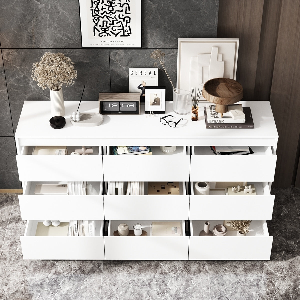 Commode 63W à 9 tiroirs, commode d'appoint pour salon et chambre à coucher.