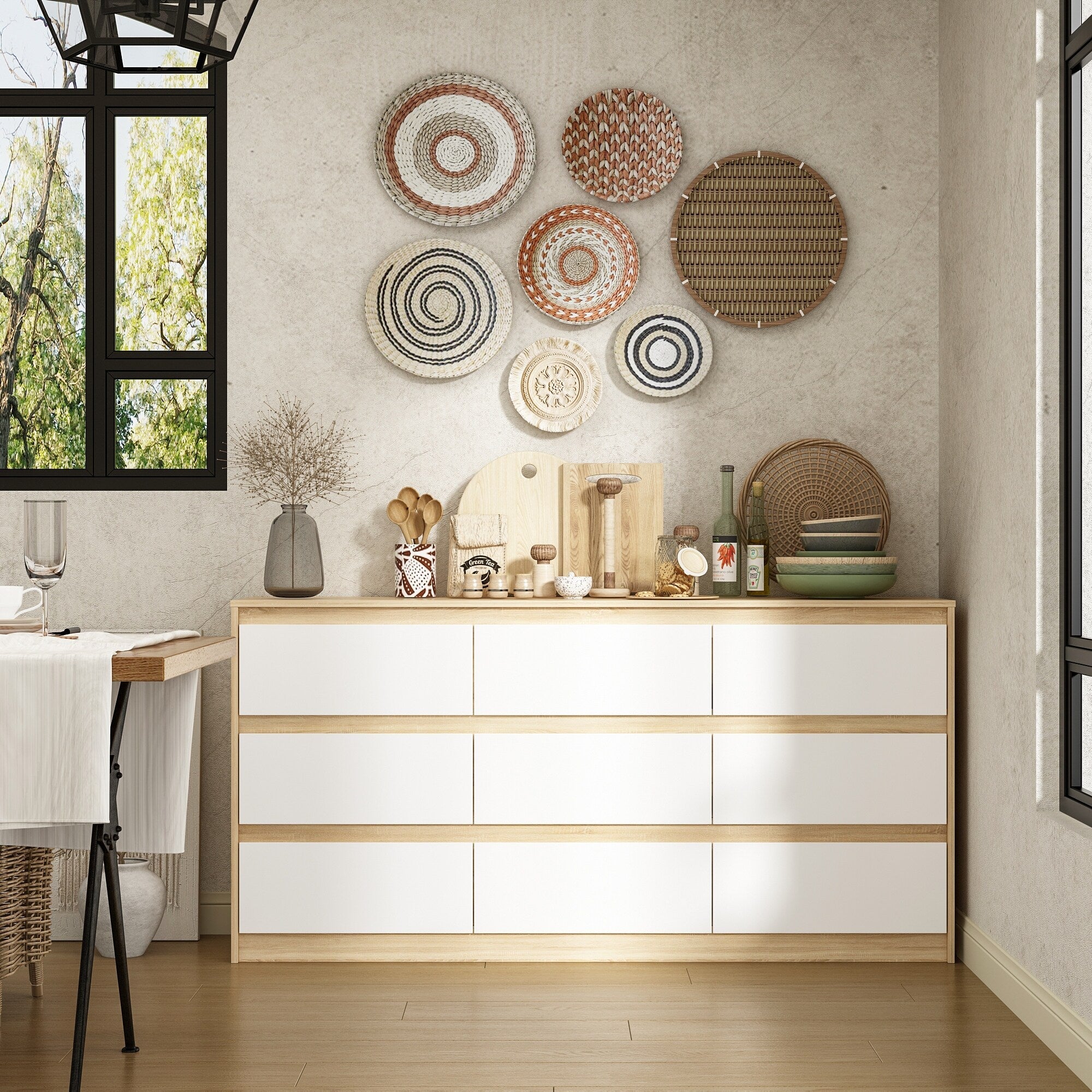 Commode 63W à 9 tiroirs, commode d'appoint pour salon et chambre à coucher.