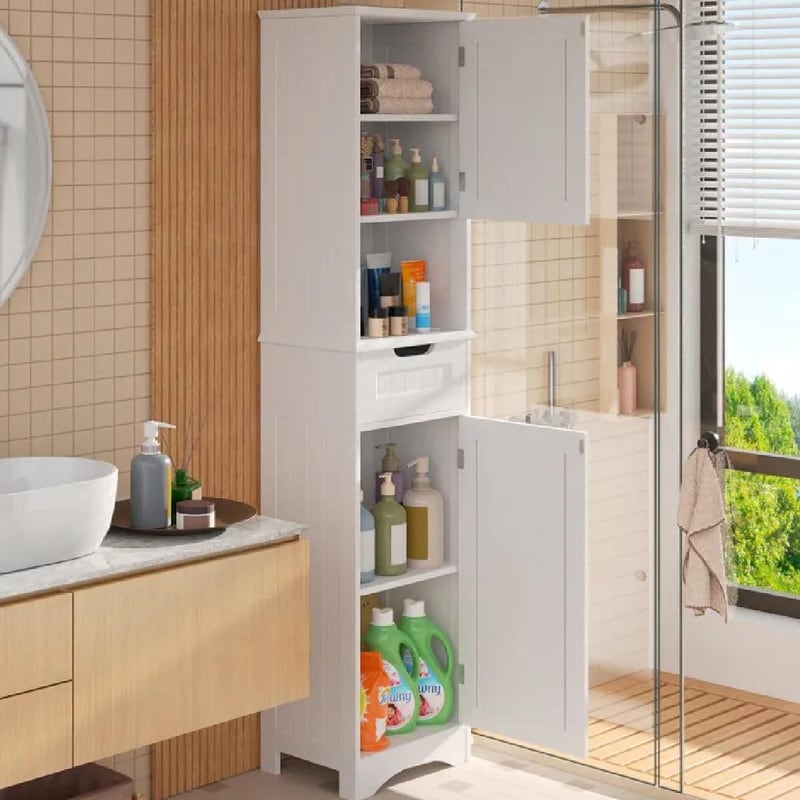 Armoire à linge de salle de bain étroite de 170 cm de hauteur, armoire de rangement autoportante en bois massif à 5 niveaux.
