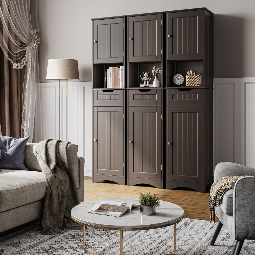 Armoire à linge de salle de bain étroite de 170 cm de hauteur, armoire de rangement autoportante en bois massif à 5 niveaux.