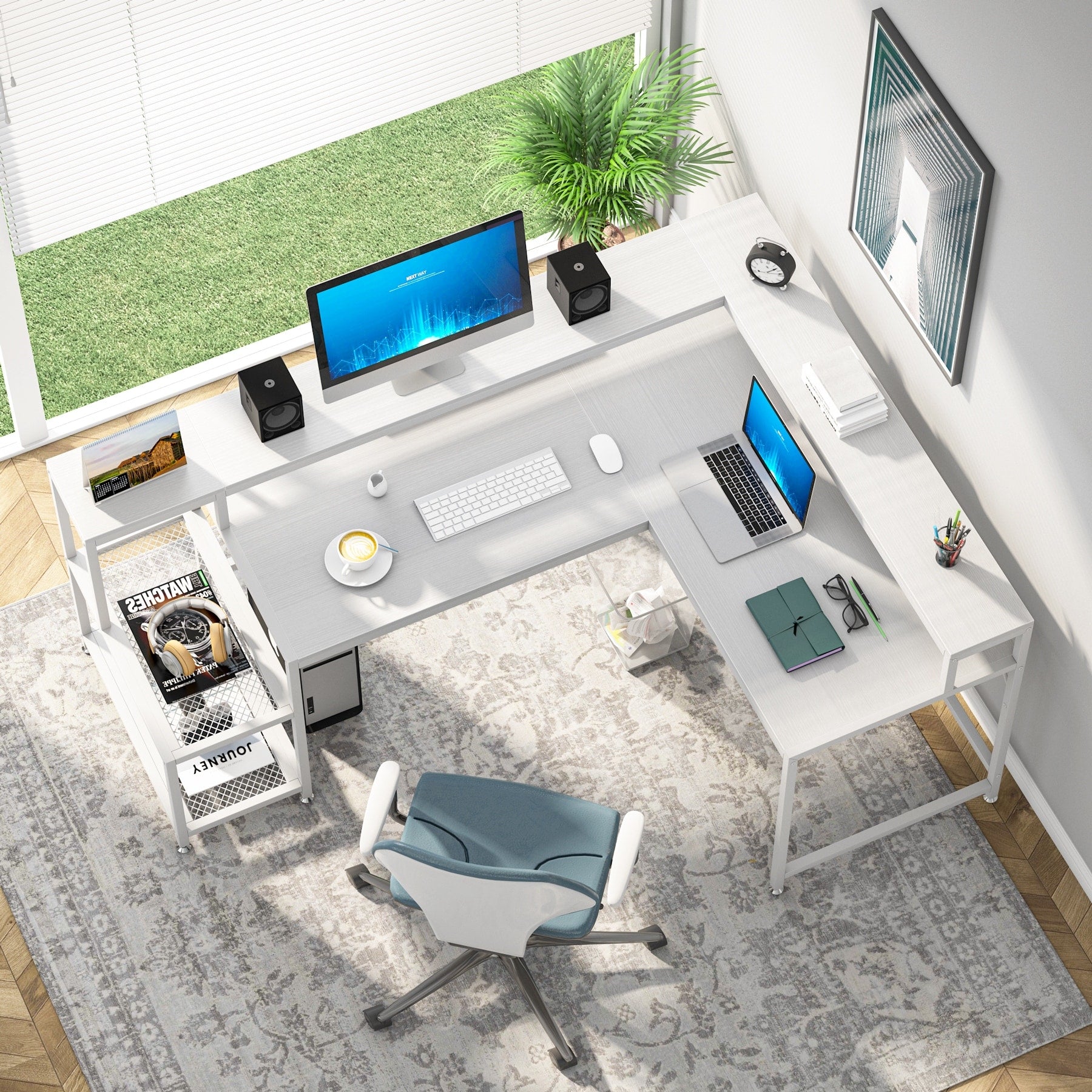 Bureau en forme de L avec étagère pour moniteur, bureau d'ordinateur d'angle réversible pour bureau à domicile 69