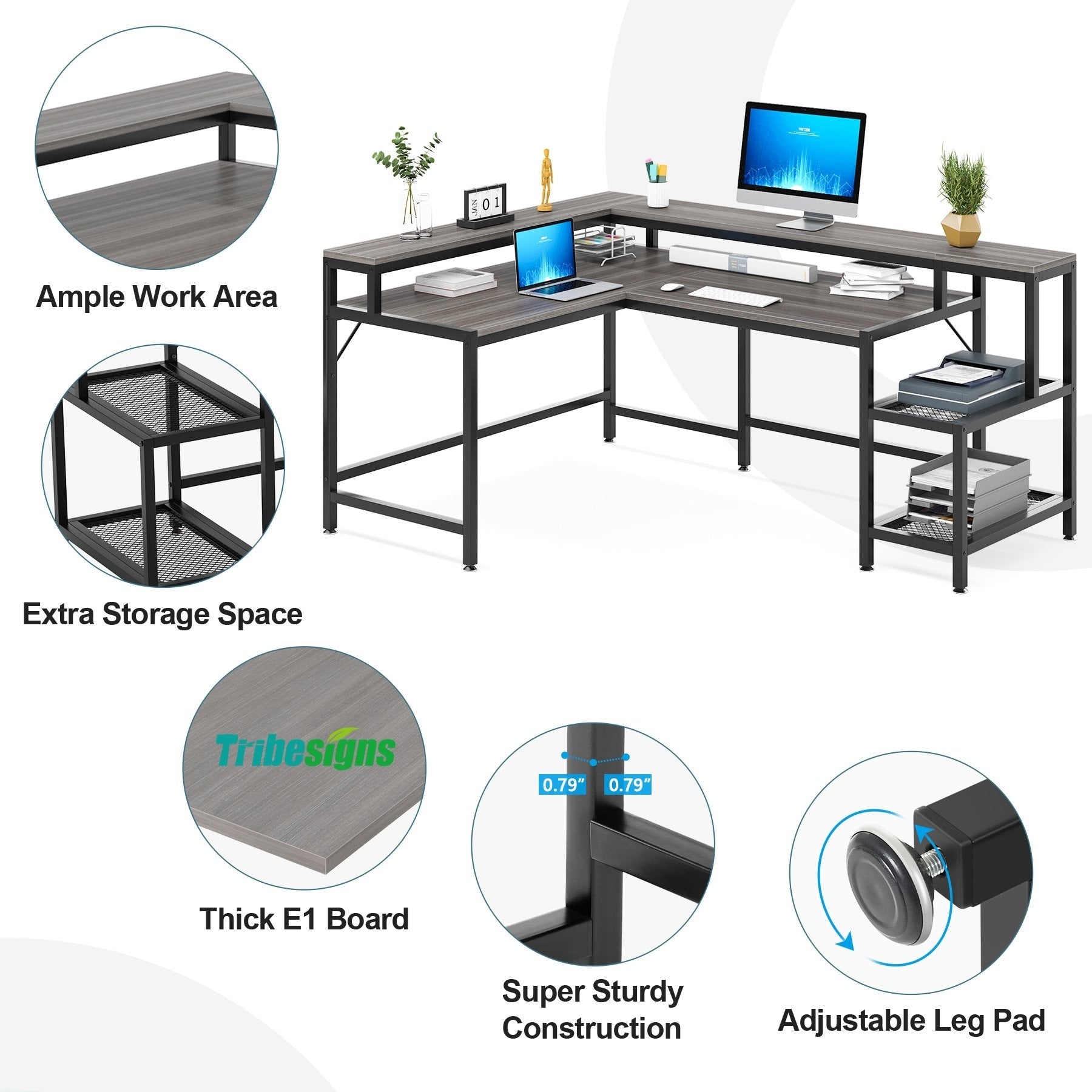 Bureau en forme de L avec étagère pour moniteur, bureau d'ordinateur d'angle réversible pour bureau à domicile 69