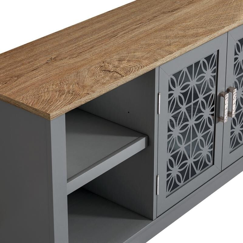 Meuble TV à porte décorative à motifs floraux rustiques de 70 pouces, pouvant accueillir des télévisions jusqu'à 80 pouces.