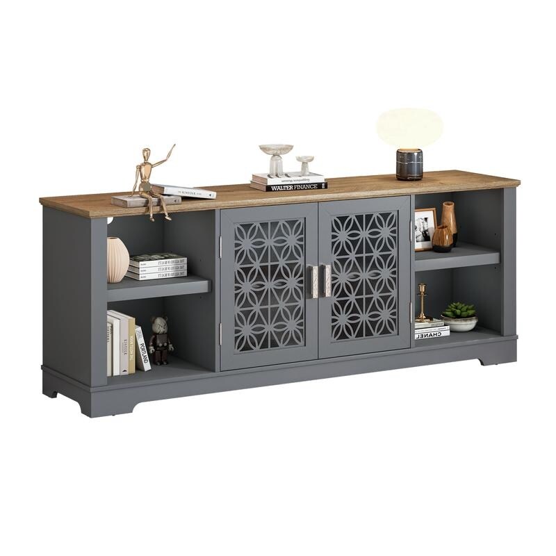 Meuble TV à porte décorative à motifs floraux rustiques de 70 pouces, pouvant accueillir des télévisions jusqu'à 80 pouces.