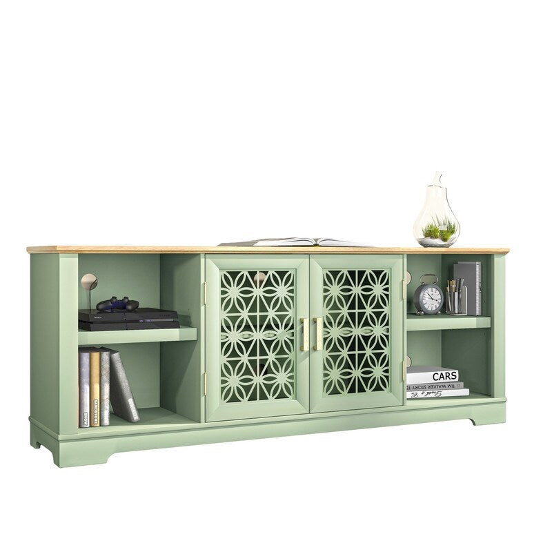Meuble TV à porte décorative à motifs floraux rustiques de 70 pouces, pouvant accueillir des télévisions jusqu'à 80 pouces.