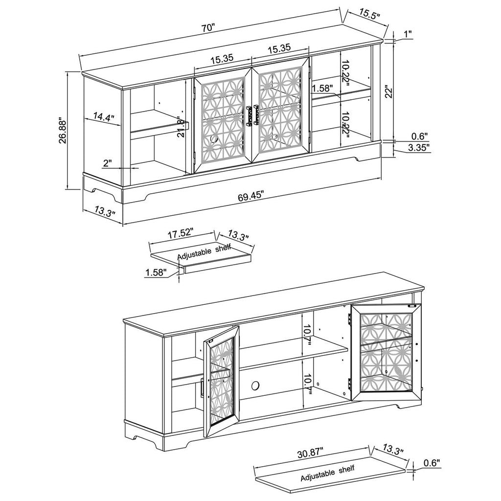 Meuble TV à porte décorative à motifs floraux rustiques de 70 pouces, pouvant accueillir des télévisions jusqu'à 80 pouces.