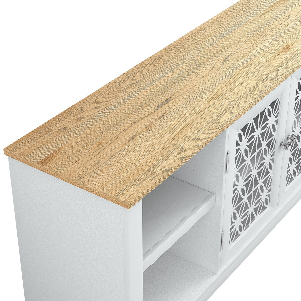 Meuble TV à porte décorative à motifs floraux rustiques de 70 pouces, pouvant accueillir des télévisions jusqu'à 80 pouces.