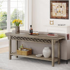 Table console longue de 179,5 cm en bois massif style farmhouse, à utiliser comme table de canapé.