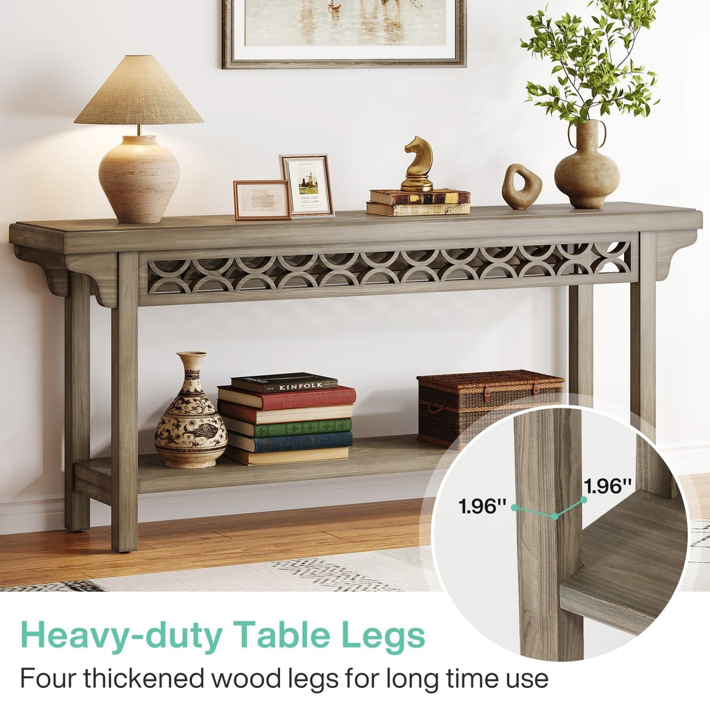 Table console longue de 179,5 cm en bois massif style farmhouse, à utiliser comme table de canapé.