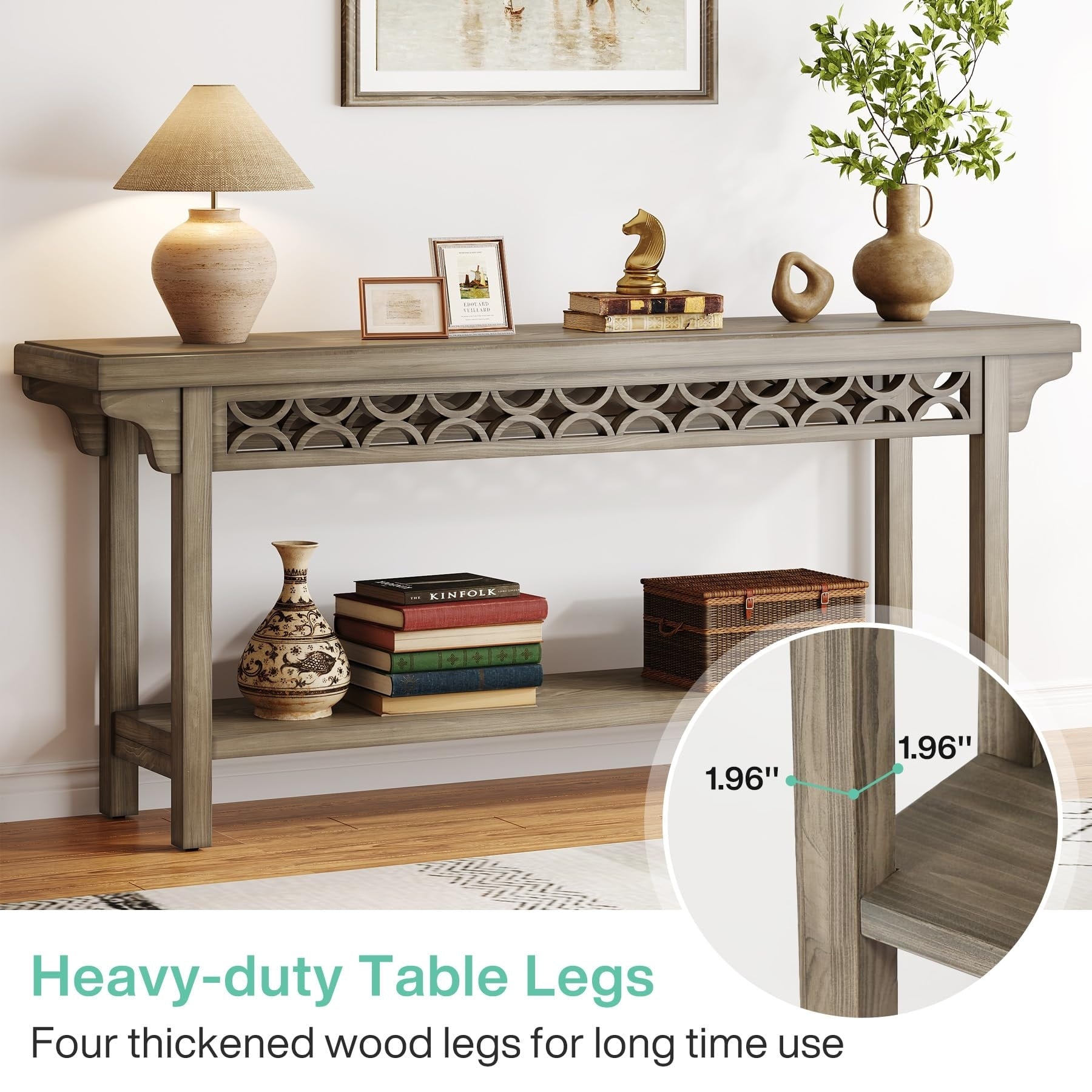 Table console longue de 179,5 cm en bois massif style farmhouse, à utiliser comme table de canapé.