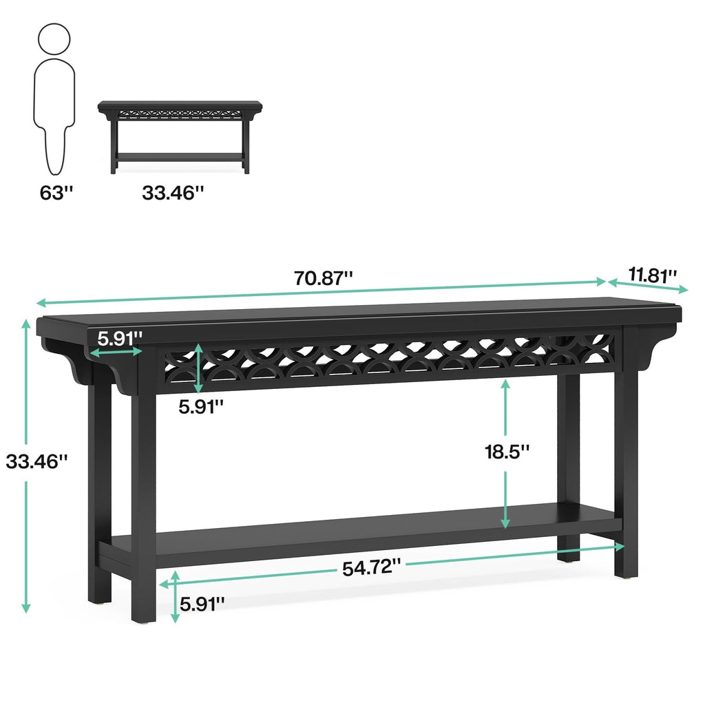 Table console longue de 179,5 cm en bois massif style farmhouse, à utiliser comme table de canapé.