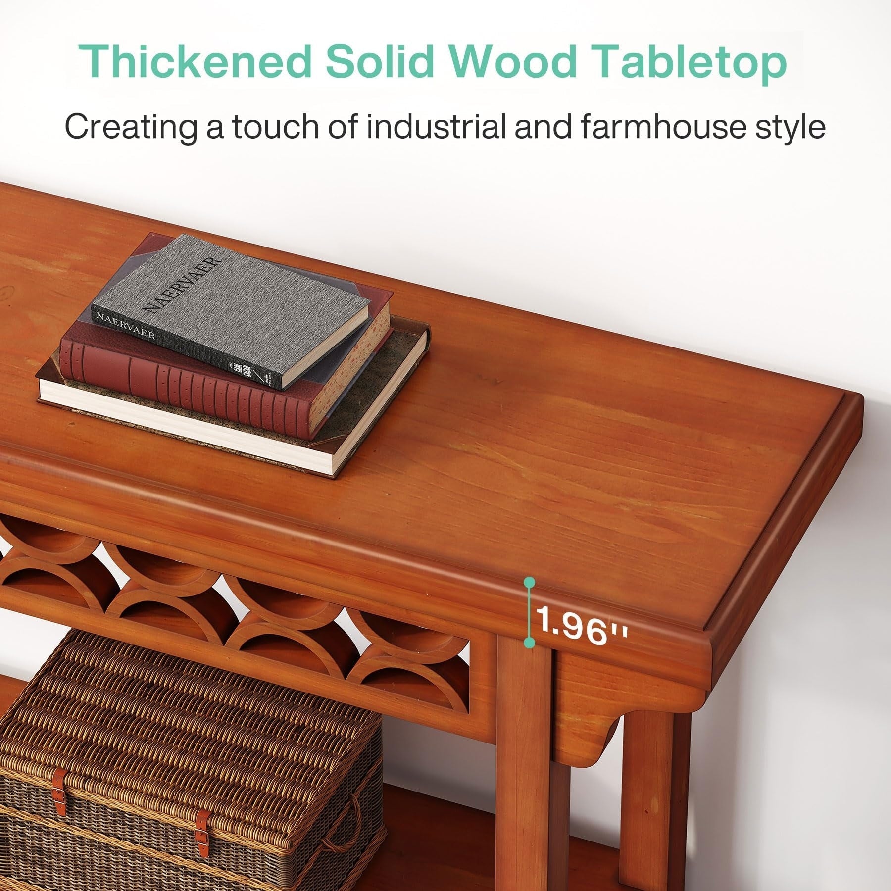 Table console longue de 179,5 cm en bois massif style farmhouse, à utiliser comme table de canapé.