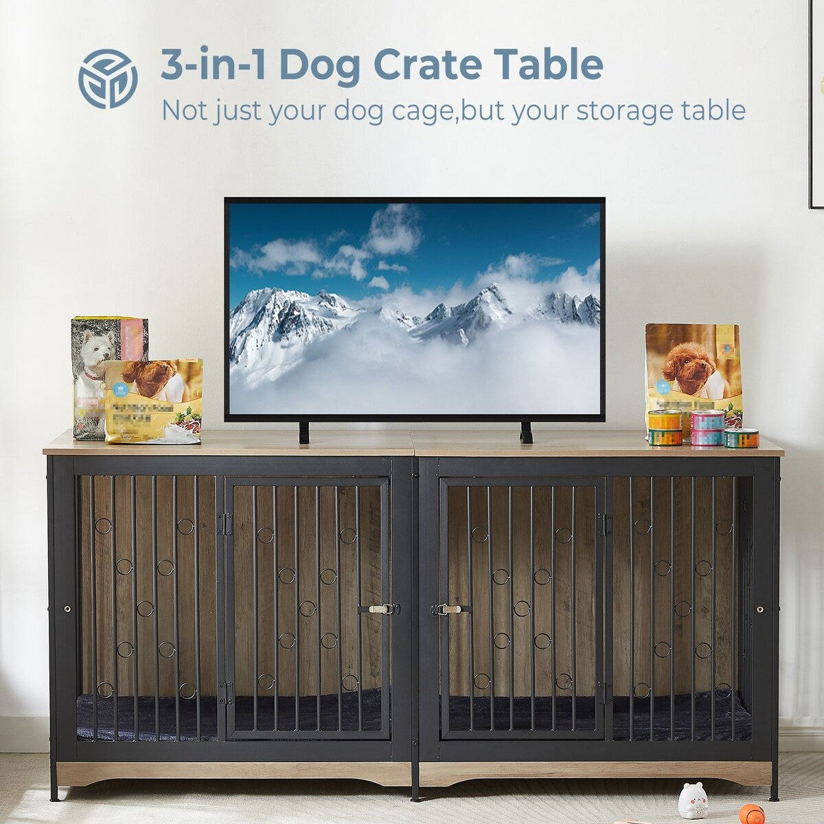Cage pour chien 70.86'' en forme de meuble, grand modèle pour TV, avec coussin et deux compartiments (sans coussin)