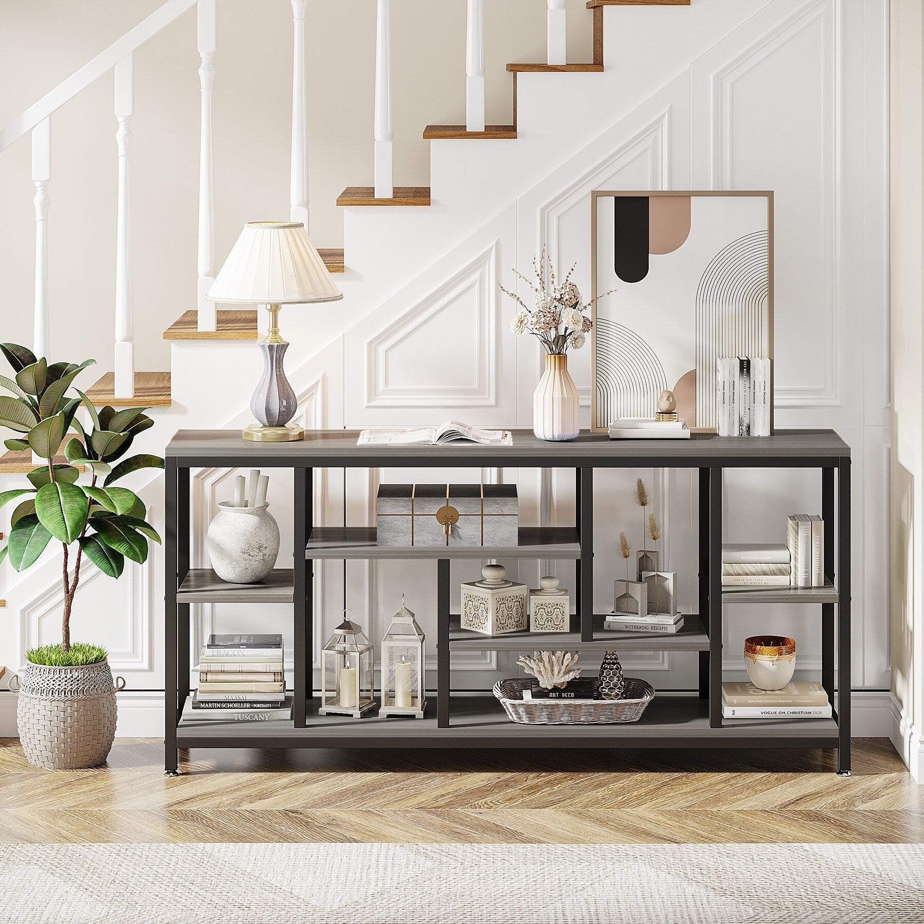 Table console de 180 cm avec rangement, table d'entrée à 3 niveaux pour couloir