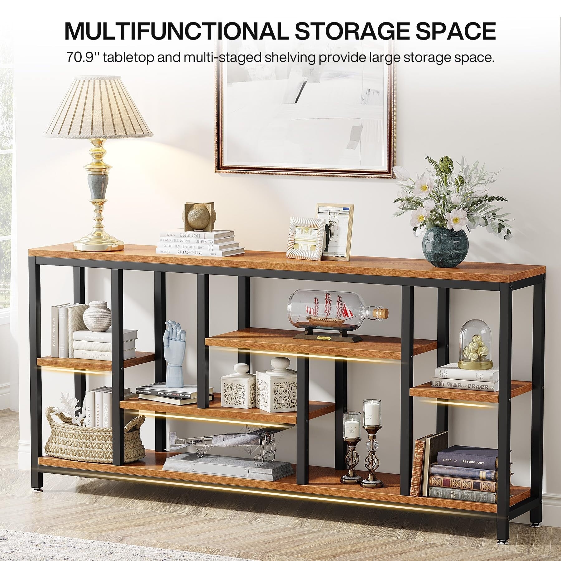 Table console de 180 cm avec rangement, table d'entrée à 3 niveaux pour couloir