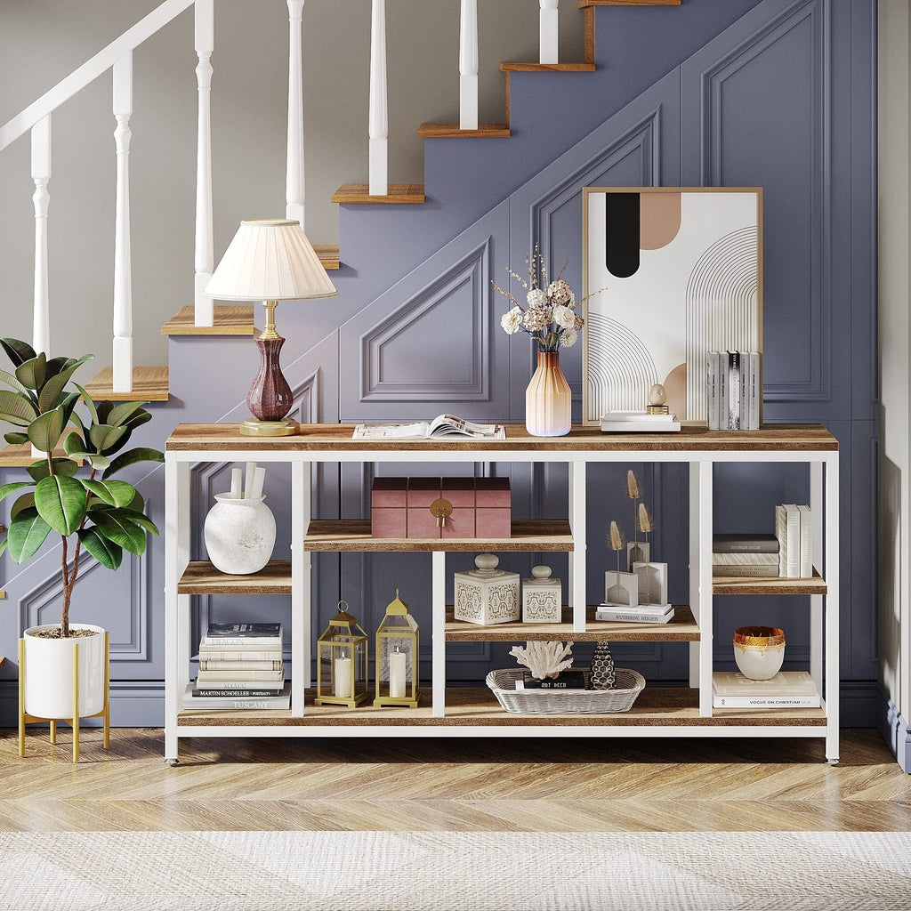 Table console de 180 cm avec rangement, table d'entrée à 3 niveaux pour couloir