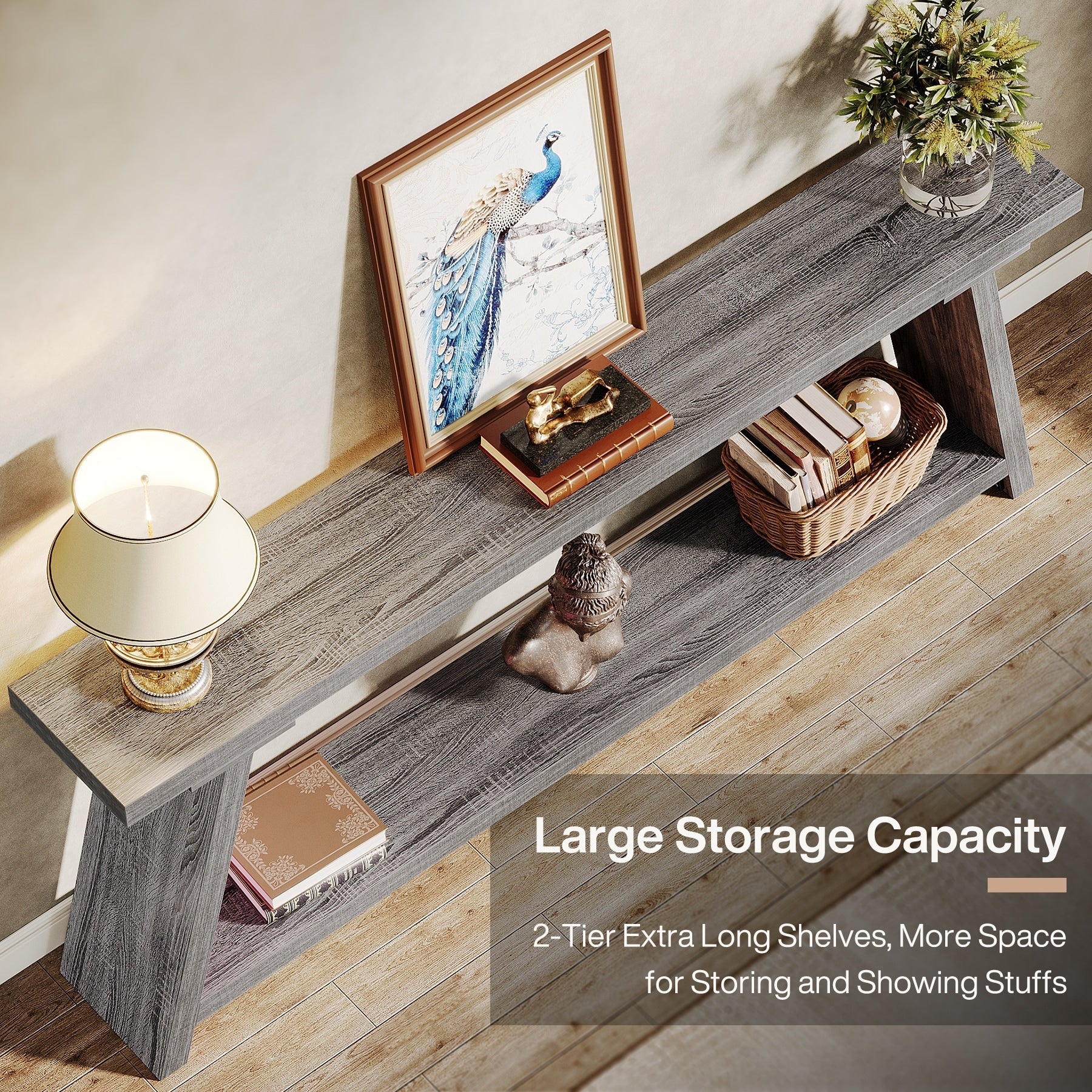 Table console de canapé en bois rustique de 180 cm de long avec étagère de rangement