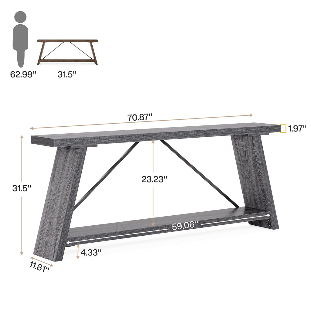 Table console de canapé en bois rustique de 180 cm de long avec étagère de rangement