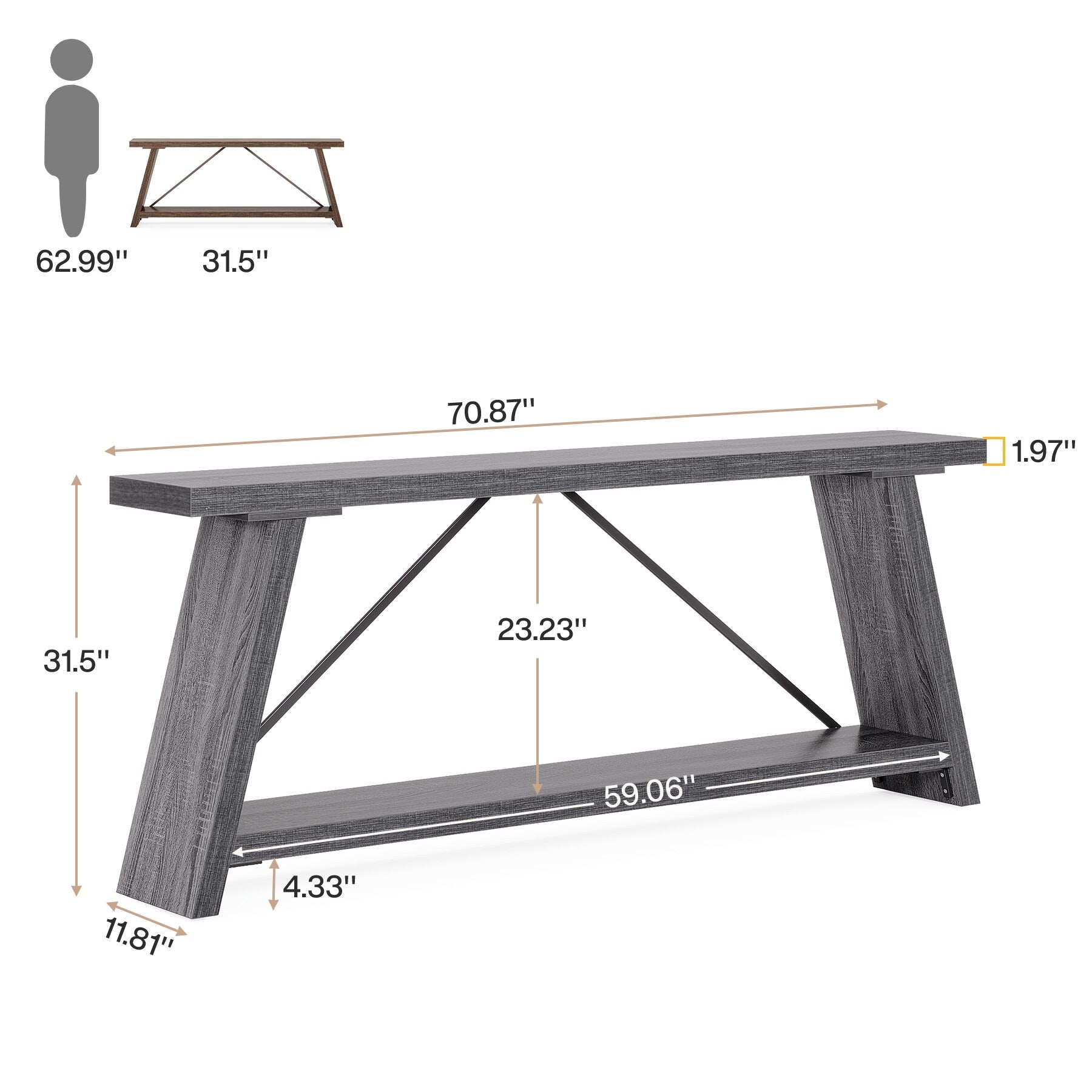 Table console de canapé en bois rustique de 180 cm de long avec étagère de rangement