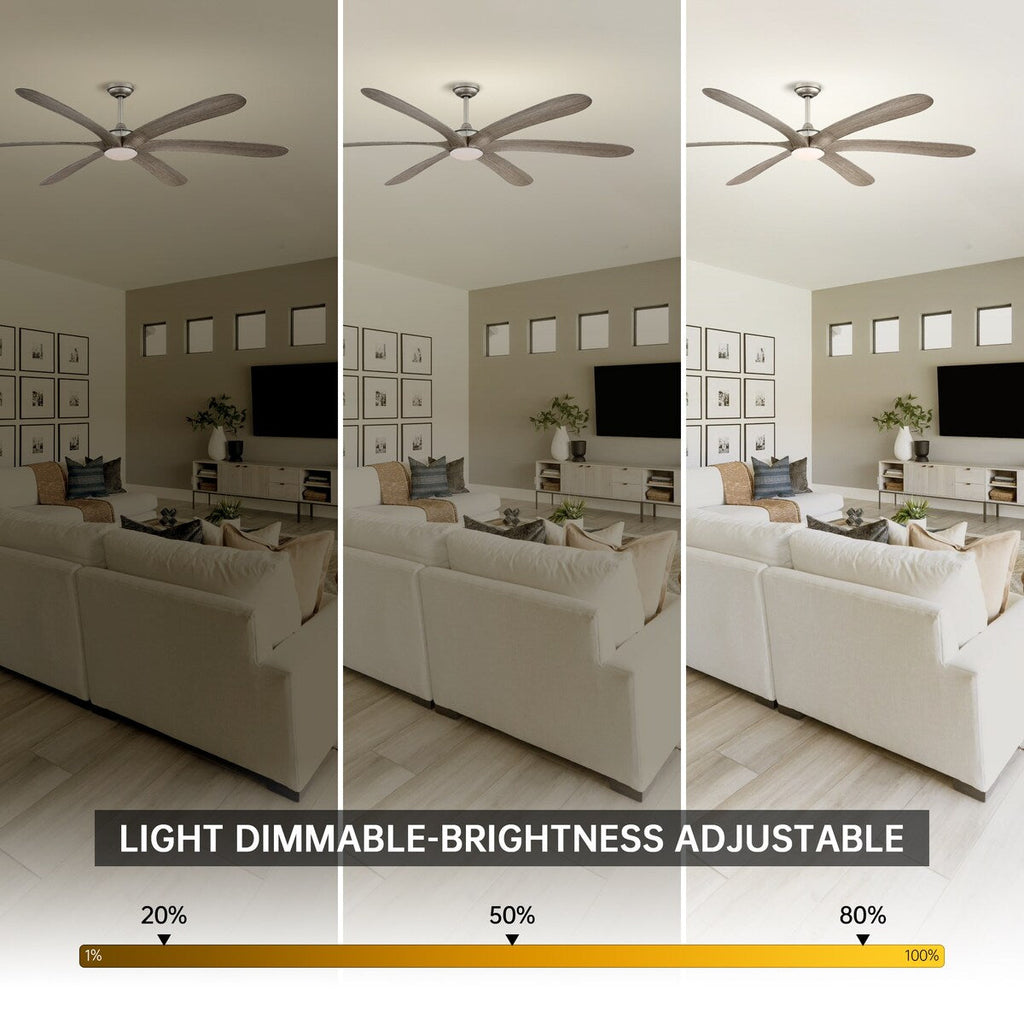 Ventilateur de plafond DC à 6 pales de 72 pouces en bois flotté, avec éclairage et télécommande.