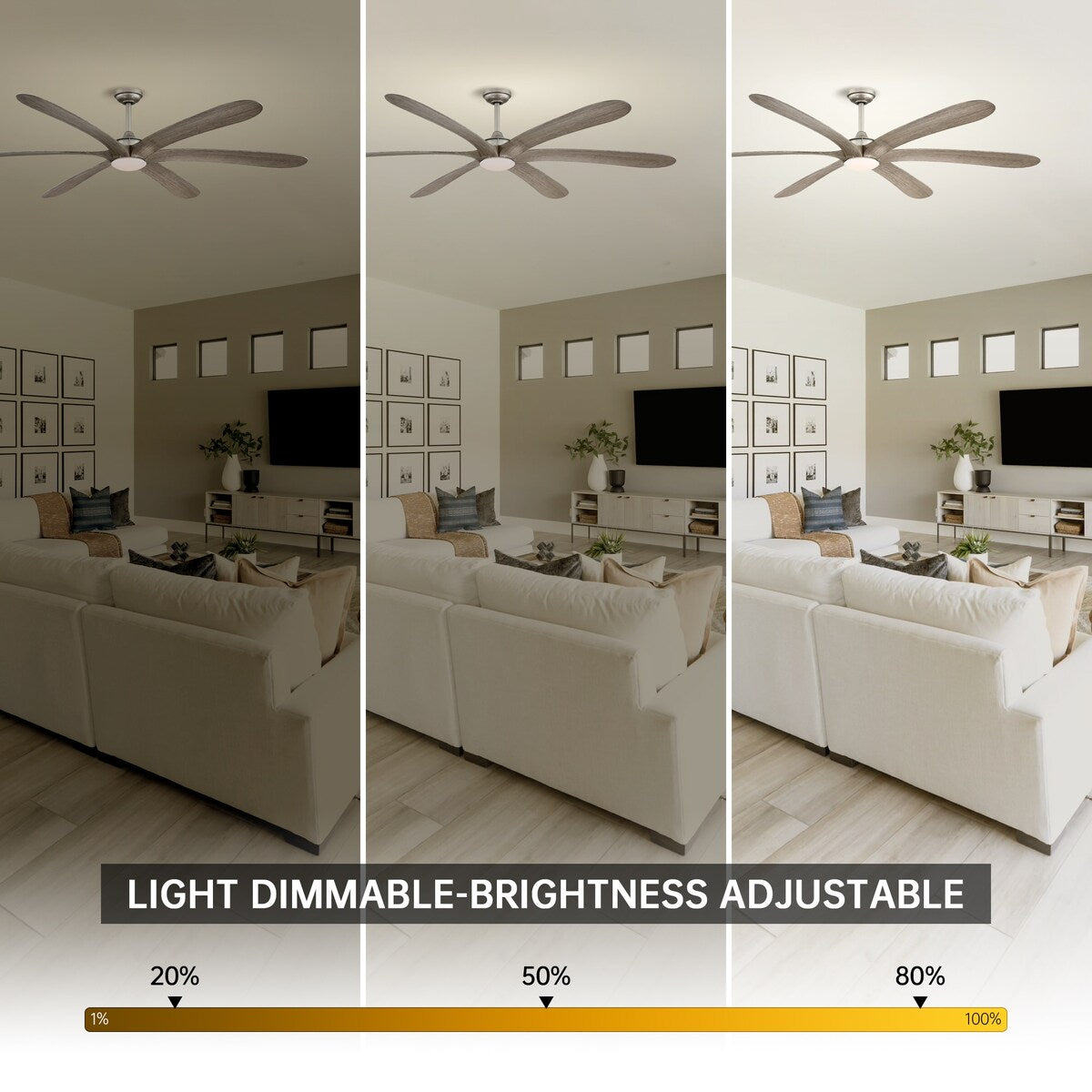 Ventilateur de plafond DC à 6 pales de 72 pouces en bois flotté, avec éclairage et télécommande.