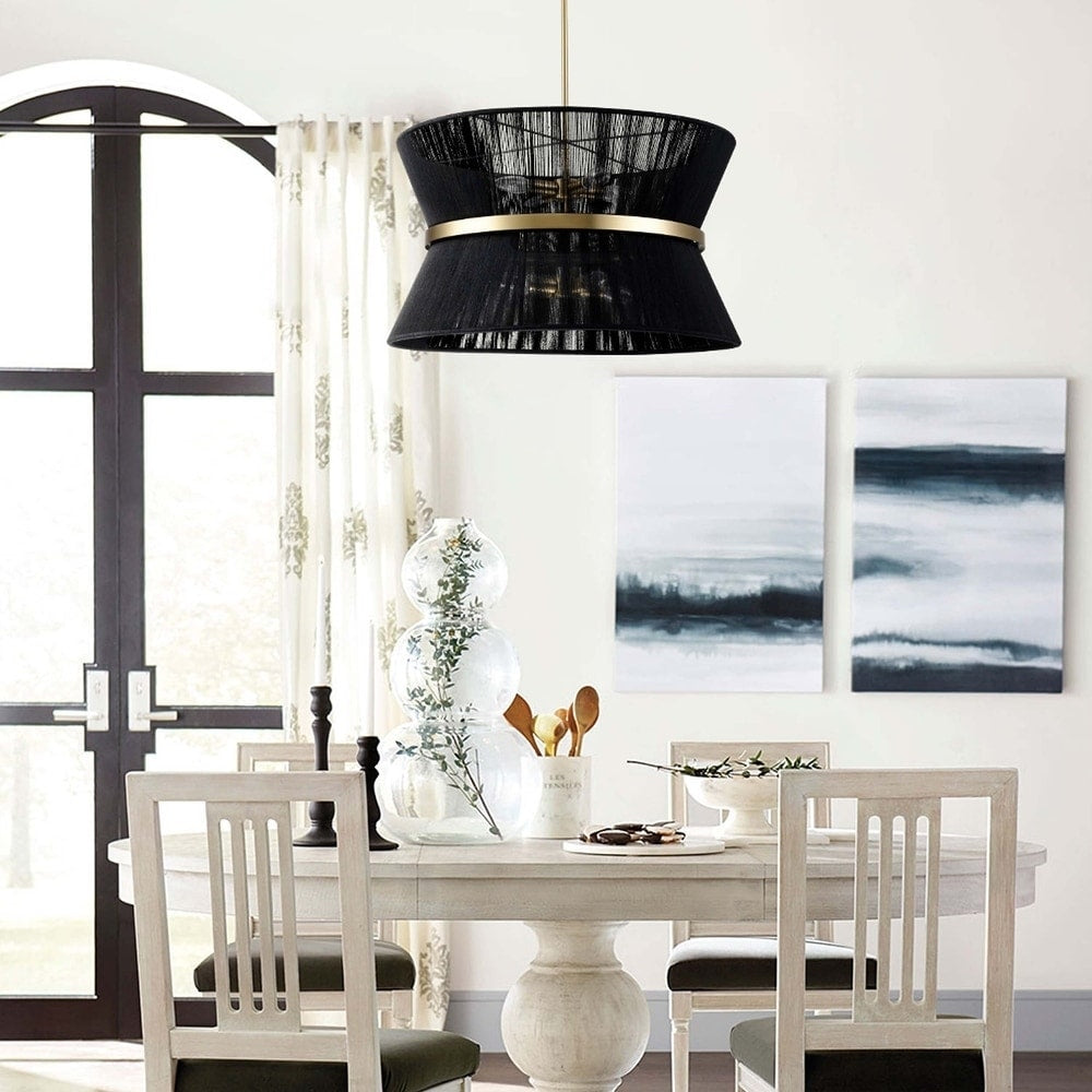 Grand lustre à tambour bohème moderne à 8 lumières, 60 cm (24 pouces), en tissu, en forme de sablier, tissé à la main, en or/noir, pour salle à manger/salon.