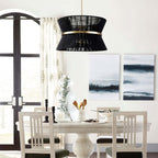 Grand lustre à tambour bohème moderne à 8 lumières, 60 cm (24 pouces), en tissu, en forme de sablier, tissé à la main, en or/noir, pour salle à manger/salon.