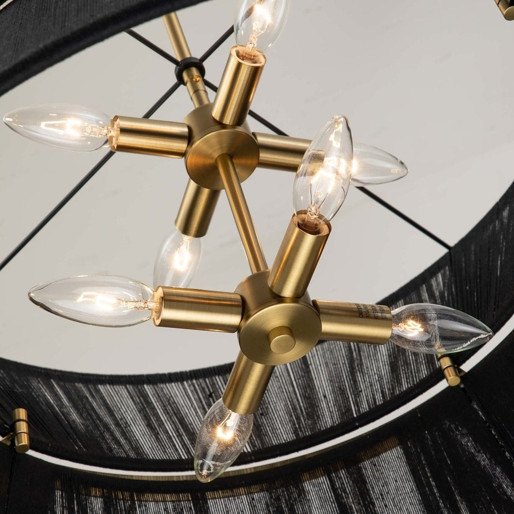 Grand lustre à tambour bohème moderne à 8 lumières, 60 cm (24 pouces), en tissu, en forme de sablier, tissé à la main, en or/noir, pour salle à manger/salon.