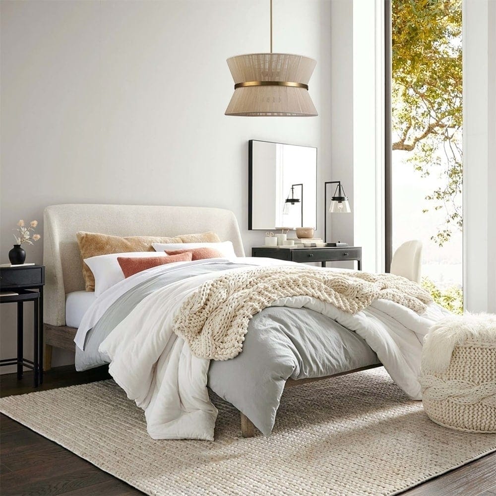 Grand lustre à tambour bohème moderne à 8 lumières, 60 cm (24 pouces), en tissu, en forme de sablier, tissé à la main, en or/noir, pour salle à manger/salon.