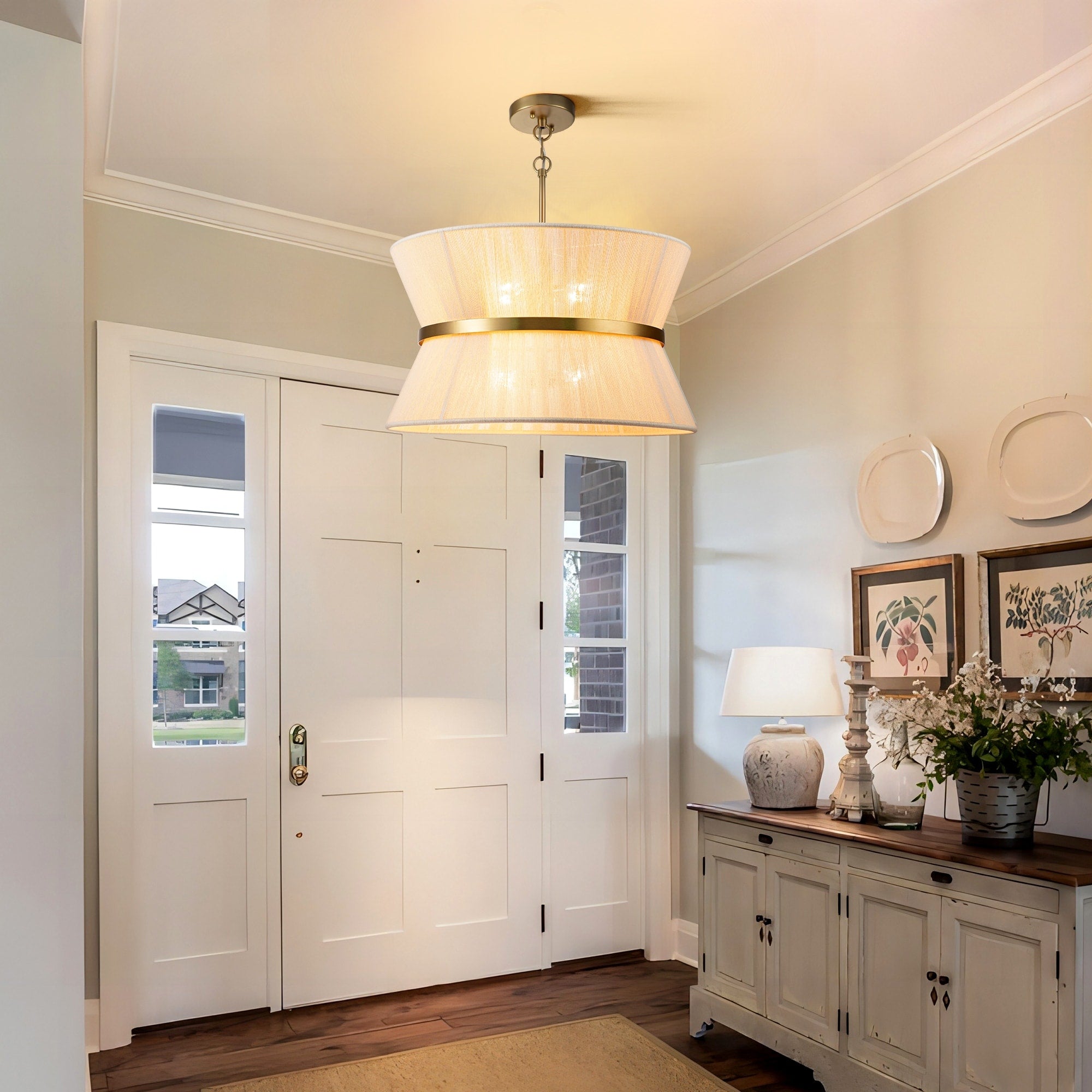 Grand lustre à tambour bohème moderne à 8 lumières, 60 cm (24 pouces), en tissu, en forme de sablier, tissé à la main, en or/noir, pour salle à manger/salon.