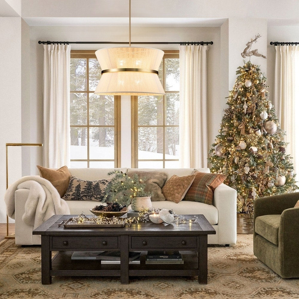 Grand lustre à tambour bohème moderne à 8 lumières, 60 cm (24 pouces), en tissu, en forme de sablier, tissé à la main, en or/noir, pour salle à manger/salon.