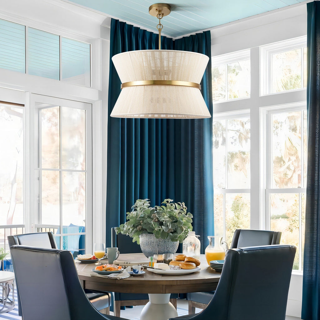 Grand lustre à tambour bohème moderne à 8 lumières, 60 cm (24 pouces), en tissu, en forme de sablier, tissé à la main, en or/noir, pour salle à manger/salon.