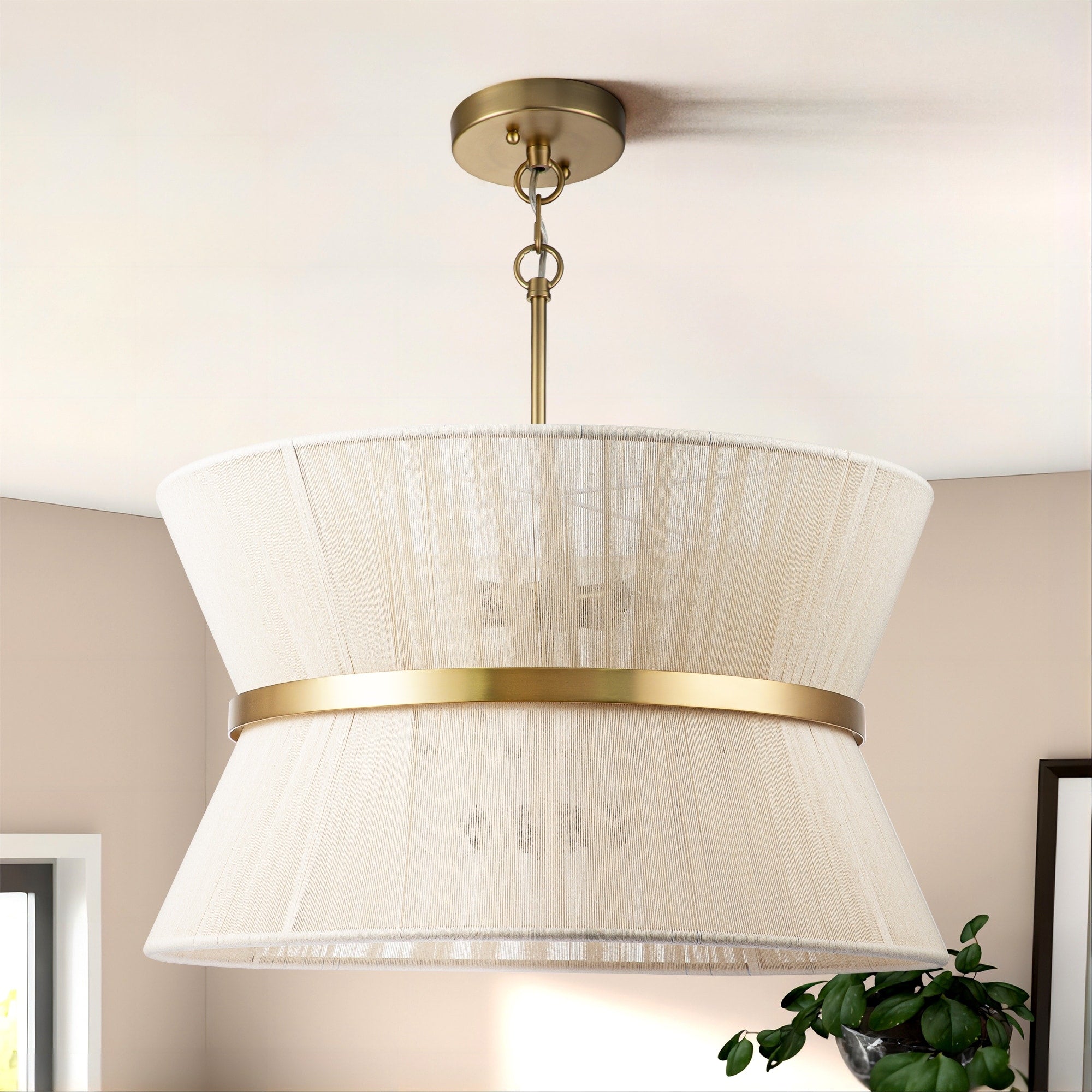 Grand lustre à tambour bohème moderne à 8 lumières, 60 cm (24 pouces), en tissu, en forme de sablier, tissé à la main, en or/noir, pour salle à manger/salon.