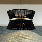 Grand lustre à tambour bohème moderne à 8 lumières, 60 cm (24 pouces), en tissu, en forme de sablier, tissé à la main, en or/noir, pour salle à manger/salon.