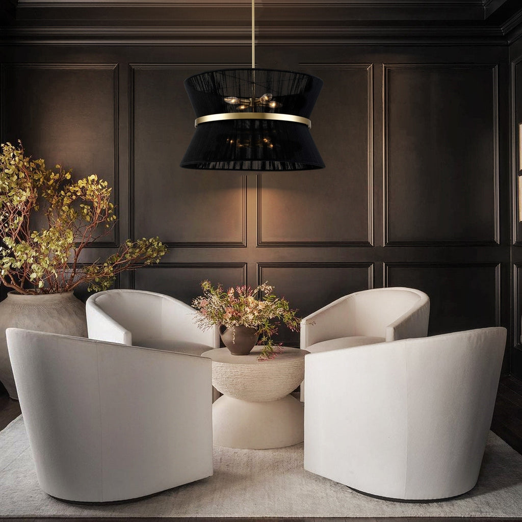 Grand lustre à tambour bohème moderne à 8 lumières, 60 cm (24 pouces), en tissu, en forme de sablier, tissé à la main, en or/noir, pour salle à manger/salon.