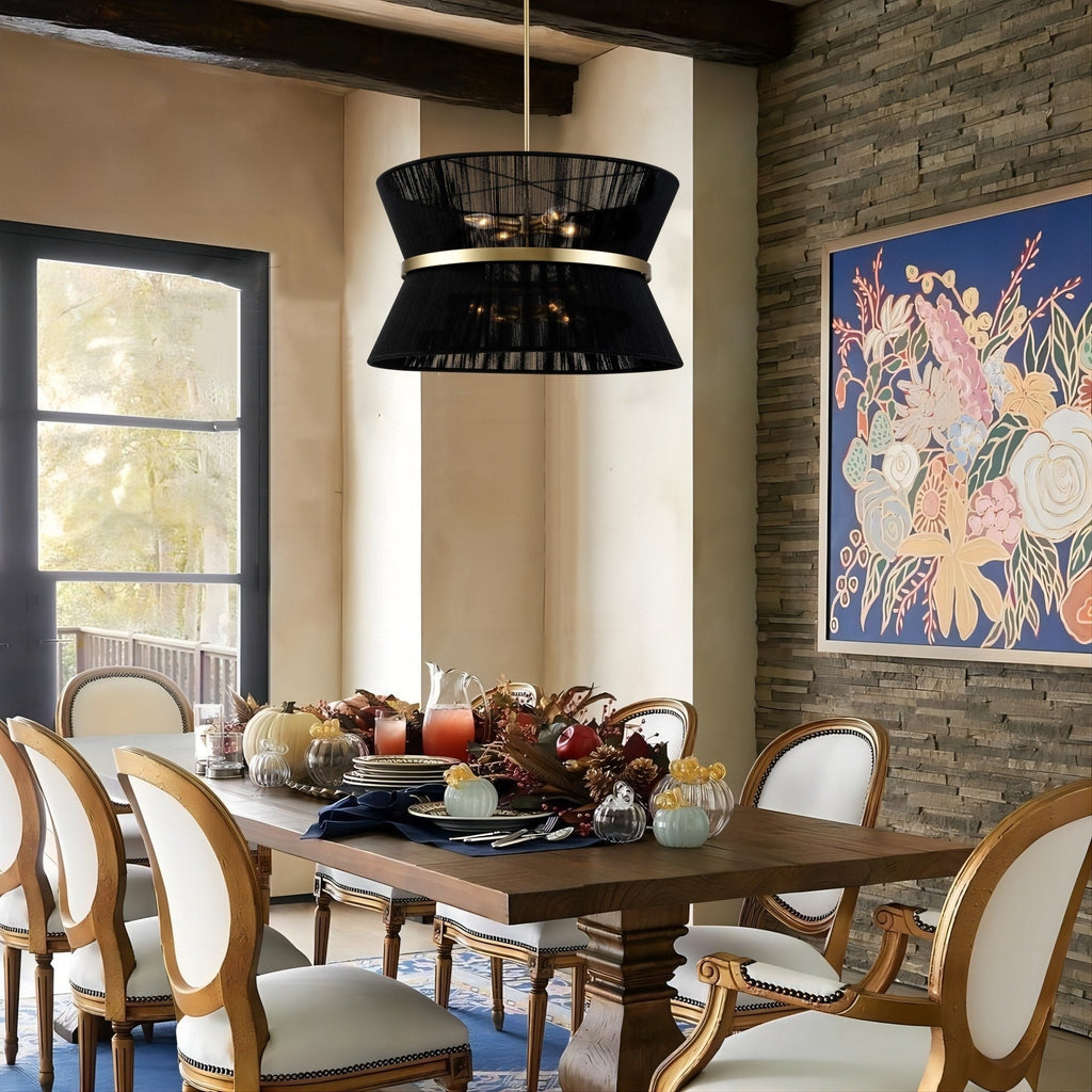 Grand lustre à tambour bohème moderne à 8 lumières, 60 cm (24 pouces), en tissu, en forme de sablier, tissé à la main, en or/noir, pour salle à manger/salon.