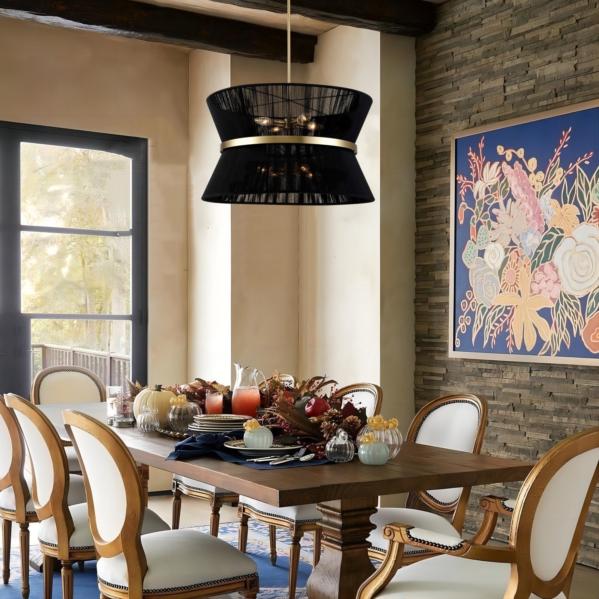 Grand lustre à tambour bohème moderne à 8 lumières, 60 cm (24 pouces), en tissu, en forme de sablier, tissé à la main, en or/noir, pour salle à manger/salon.