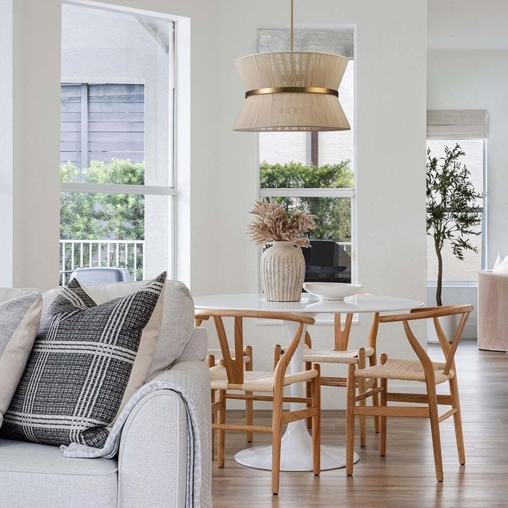 Grand lustre à tambour bohème moderne à 8 lumières, 60 cm (24 pouces), en tissu, en forme de sablier, tissé à la main, en or/noir, pour salle à manger/salon.