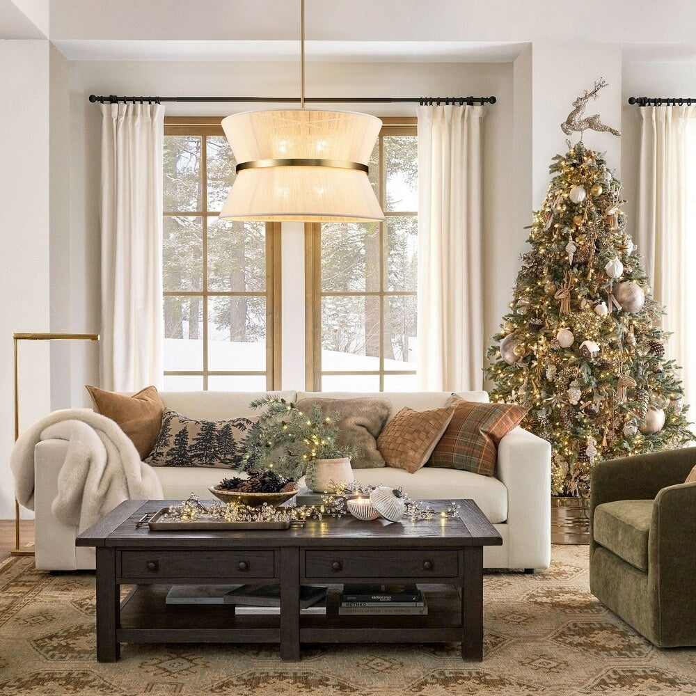 Grand lustre à tambour bohème moderne à 8 lumières, 60 cm (24 pouces), en tissu, en forme de sablier, tissé à la main, en or/noir, pour salle à manger/salon.